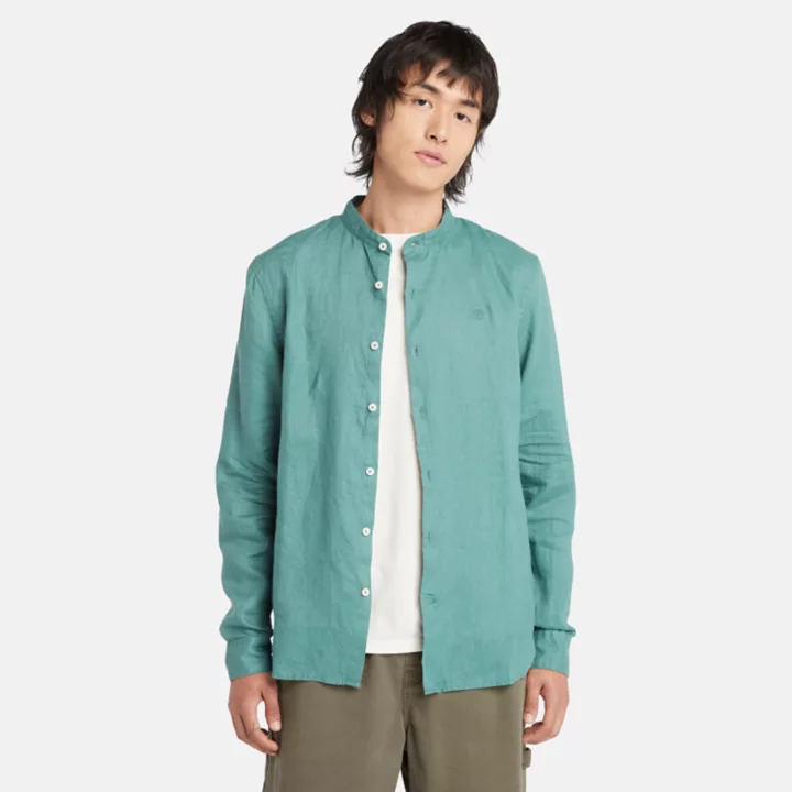 Chemise en lin Mill Brook à col Mao pour homme en bleu sarcelle