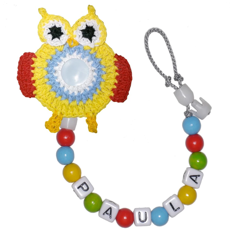 Schnullireich Schnullerkette mit Namen Häkel-Eule Bunt