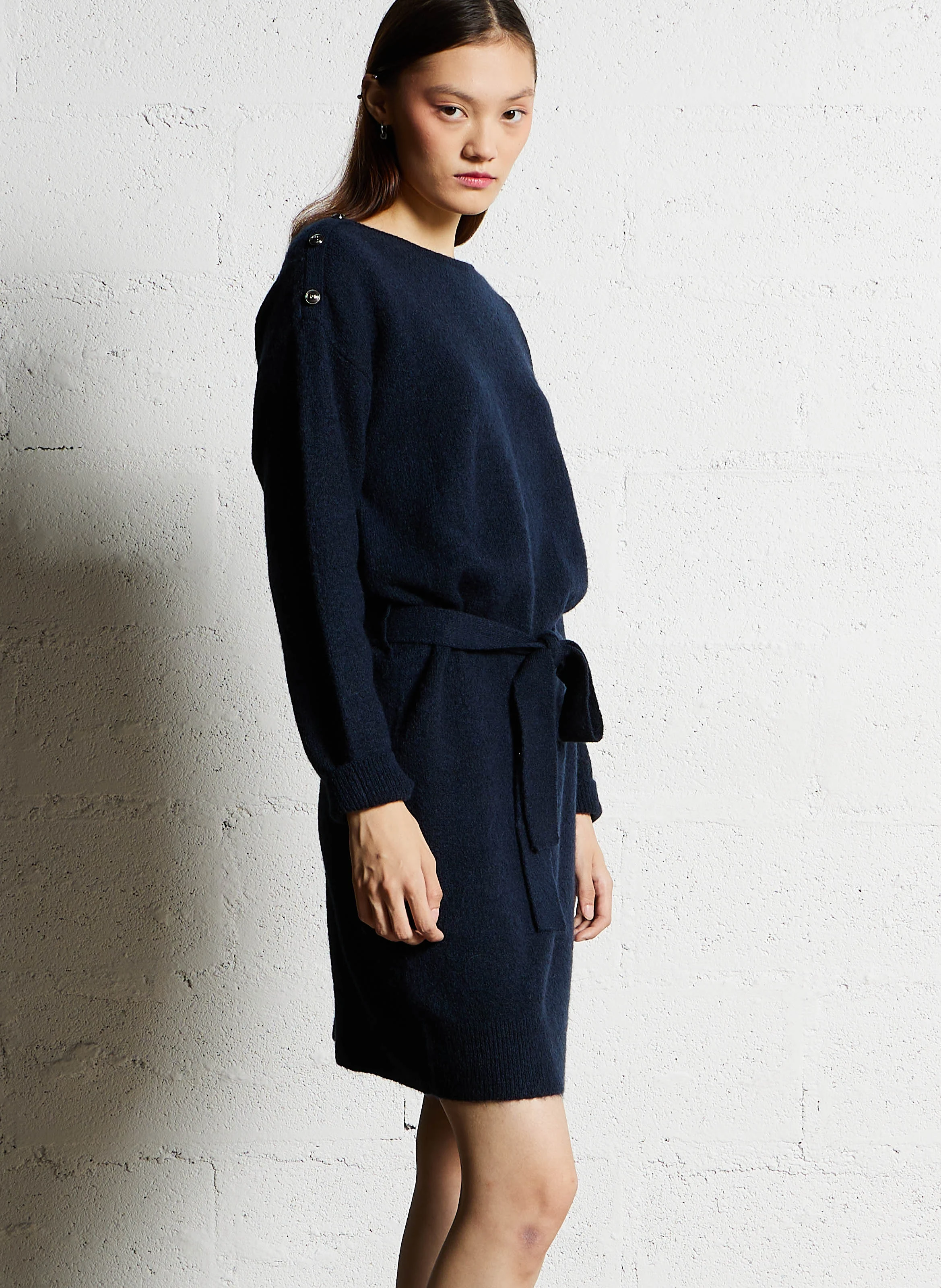 TORTANQ - Robe pull courte ceinturée| Bleu