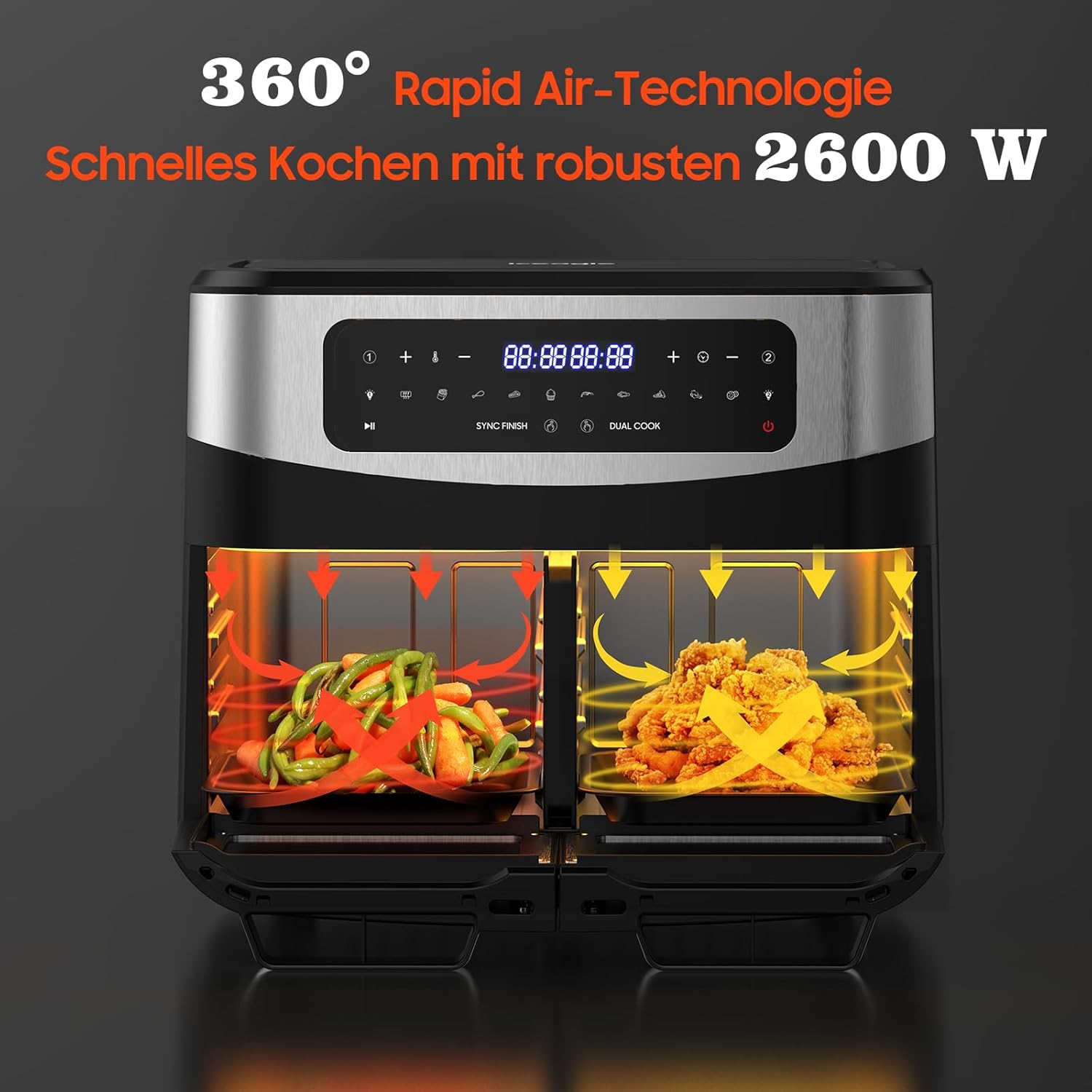 Heißluftfritteuse Dual Zone 12L - XXL Airfryer mit herausnehmbarem Trenner, 2600W Heissluftfritteuse Doppelkammer mit Doppelfenster, 10 Funktionen, Rezepte
