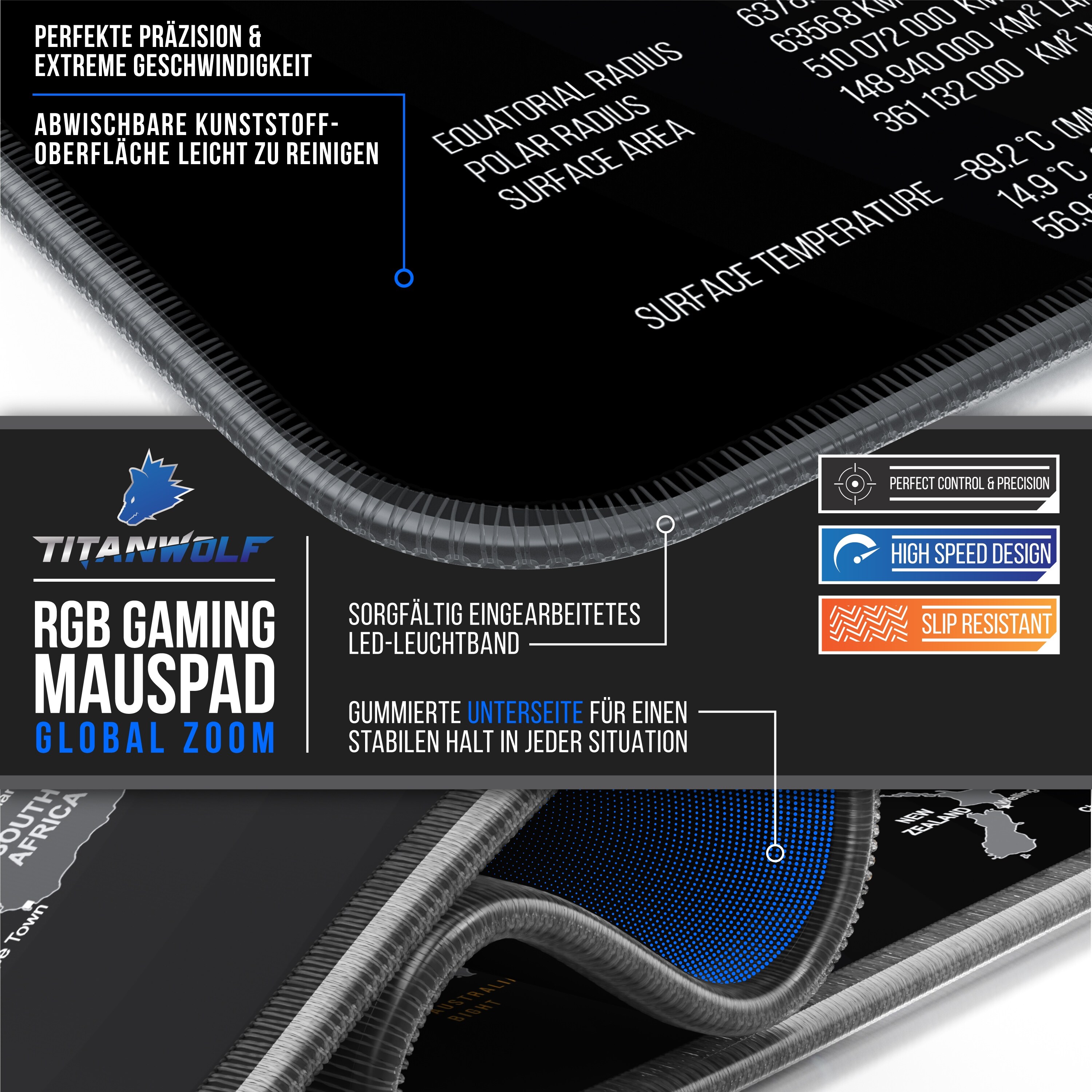 Titanwolf RGB Gaming Mauspad, Mousepad XL 800 x 300mm verbessert Präzision & Geschwindigkeit, Weltkarte
