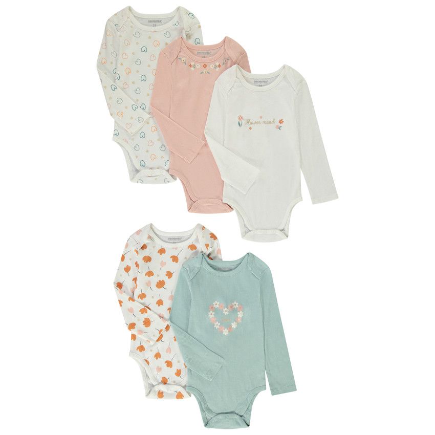 Lot de 5 bodies en rib fantaisie pour bébé fille - Bleu moyen