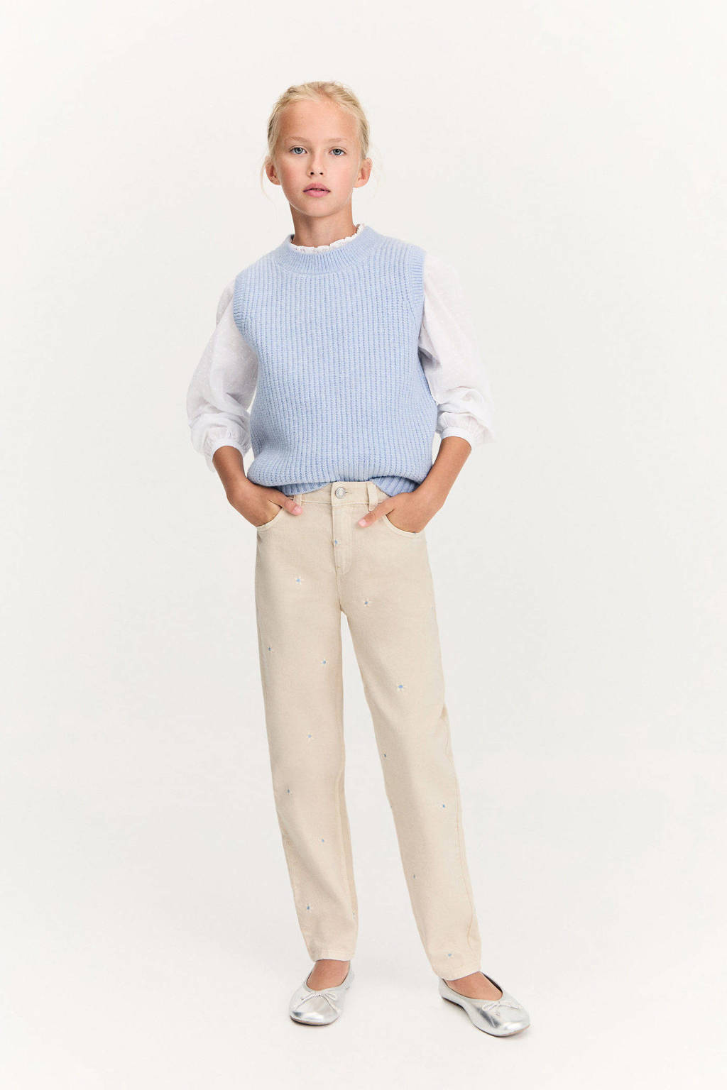 Mango Kids gebloemde high waist straight leg jeans beige