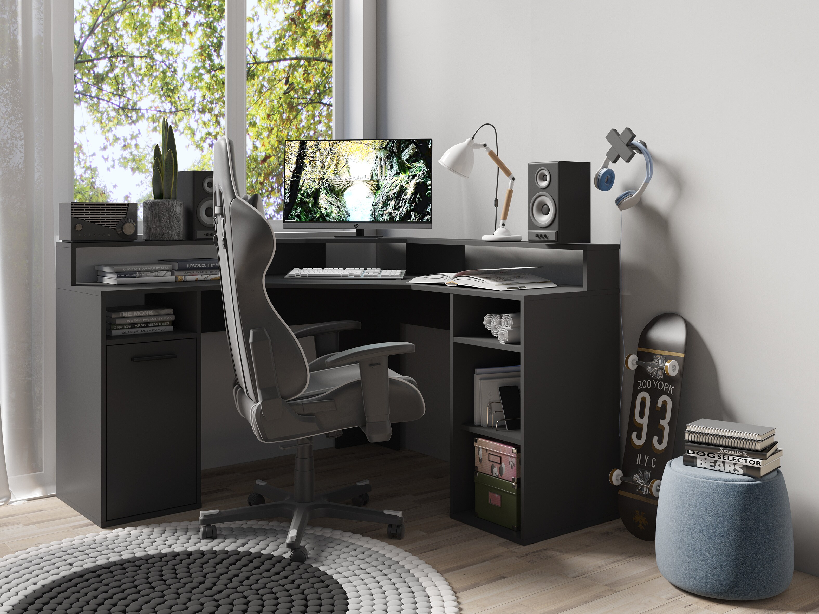 byLIVING Schreibtisch FOX, Breite 139 cm, anthrazit, offene Fächer, Tür, Ablage