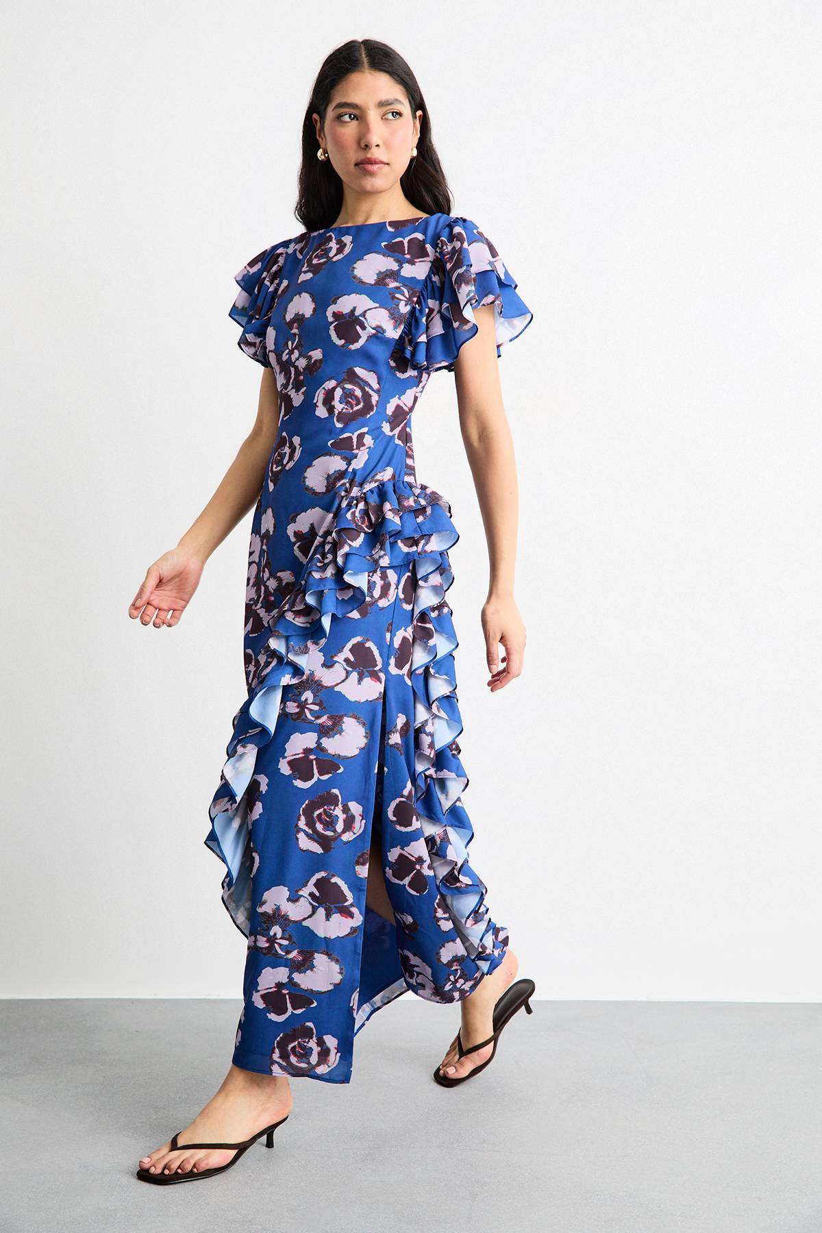 Warehouse Robe Maxi à Fente Latérale avec Détails Volantés