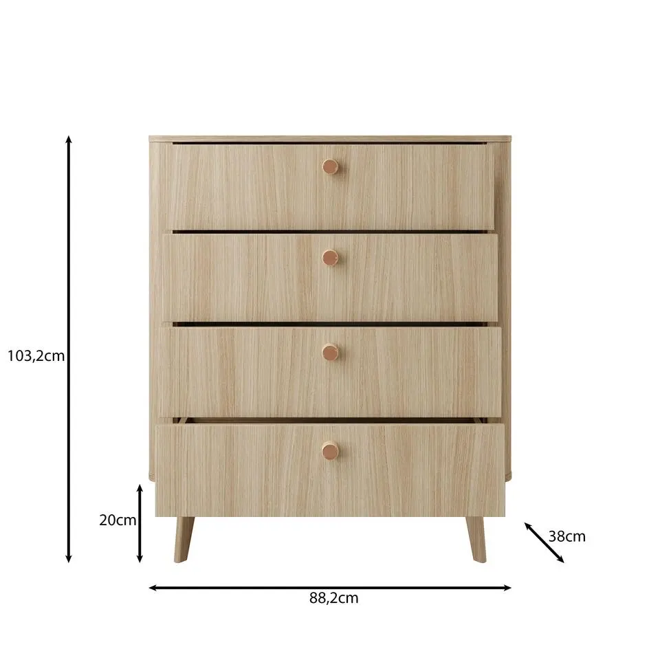 Meubella - Voorne - Ladekast 4 lades - Eiken - 88x38x103 cm