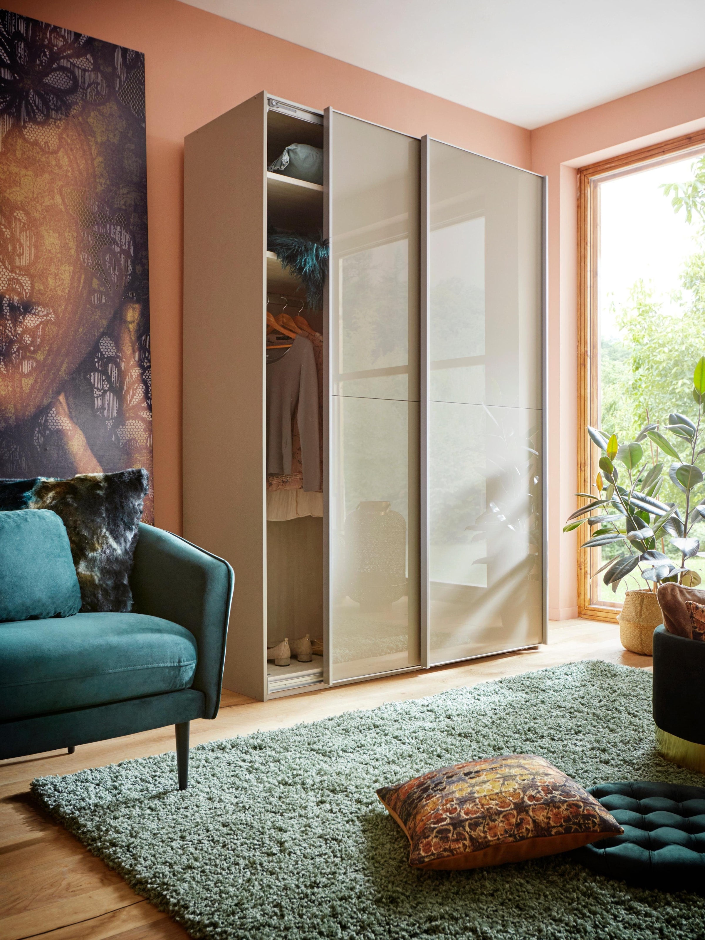 WIEMANN Schwebetürenschrank »Orion, Kleiderschrank, Schrank, Wäscheschrank, mit Schiebetüren« hochwertige Glasfront, variable Inneneinteilung, stilvolle Optik