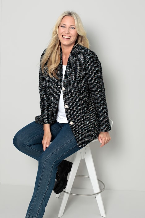 Bouclé-Blazer, figurumspielend, Multicolor-Muster, Schmuckknöpfe
