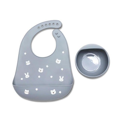 Set de 2 pièces bavoir + assiette rebord GRIS - LORELLI