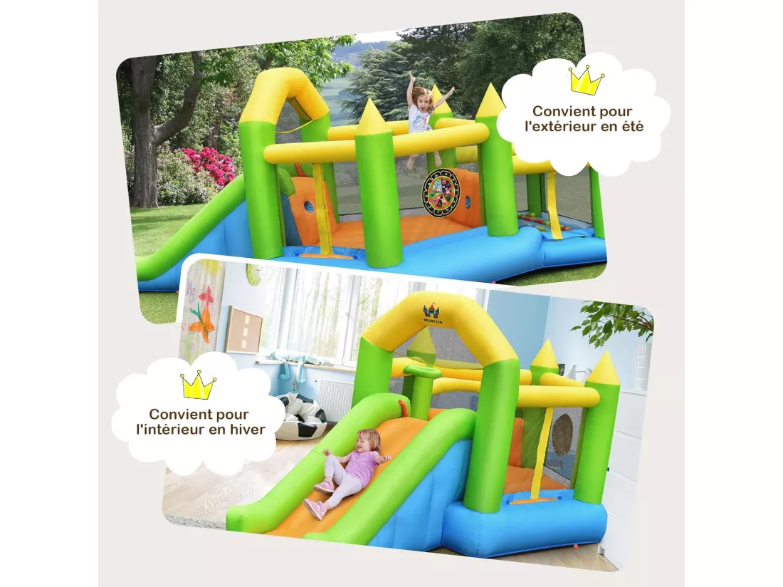 Château Gonflable en Forme de Pentagone avec Toboggan, Maison de Rebond Gonflable avec Piscine à Balles, Panier de Basket, Intérieur Extérieur pour 3 Enfants de 3-10 Ans（sans souffleur)