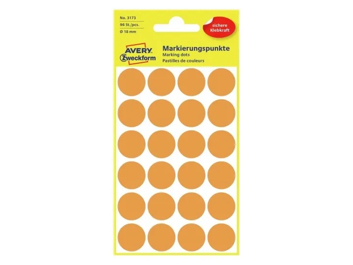 Etiket Avery lys orange Ø18 mm - (4 ark x 24 stk.)