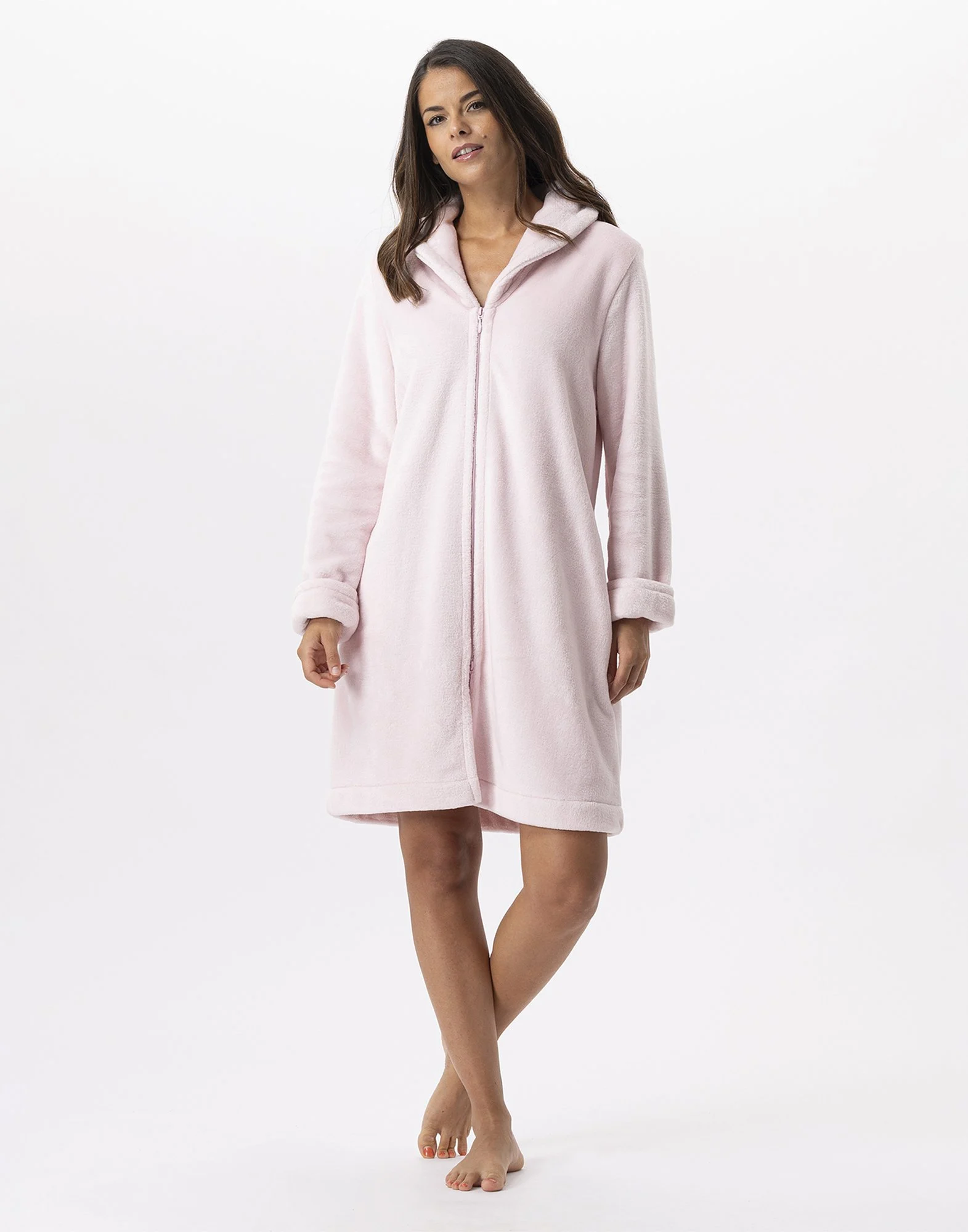 ESSENTIEL H56B - Robe de chambre zipée en peluche flanelle | Rose
