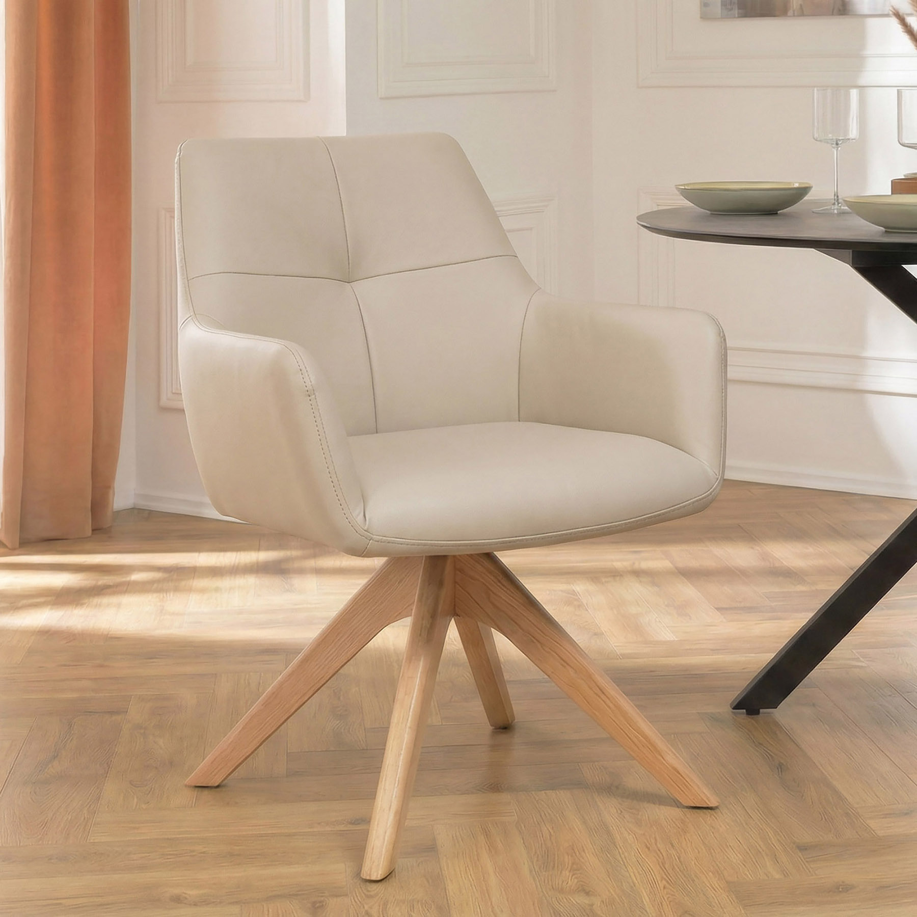 Drehbarer Stuhl ALMARA beige sand Echtleder 360° Taschenfederkern natur Eiche Massivholz