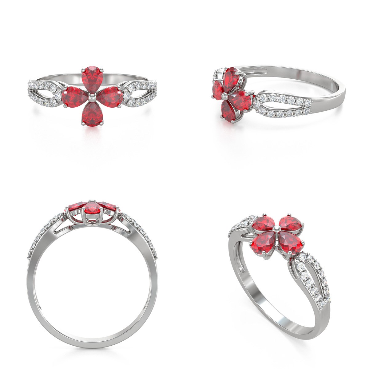 Bague Fleur Rubis et diamants sur Argent 925 1.95grs