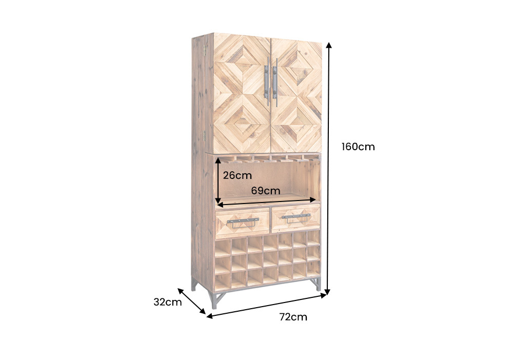 Design Barschrank BODEGA 160cm natur Pinienholz Weinregal Glashalter Schubladen