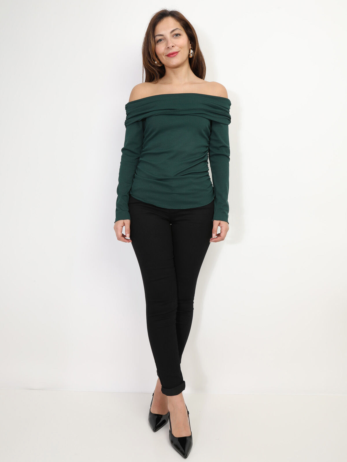 Top col bardot et fronces- Vert foncé