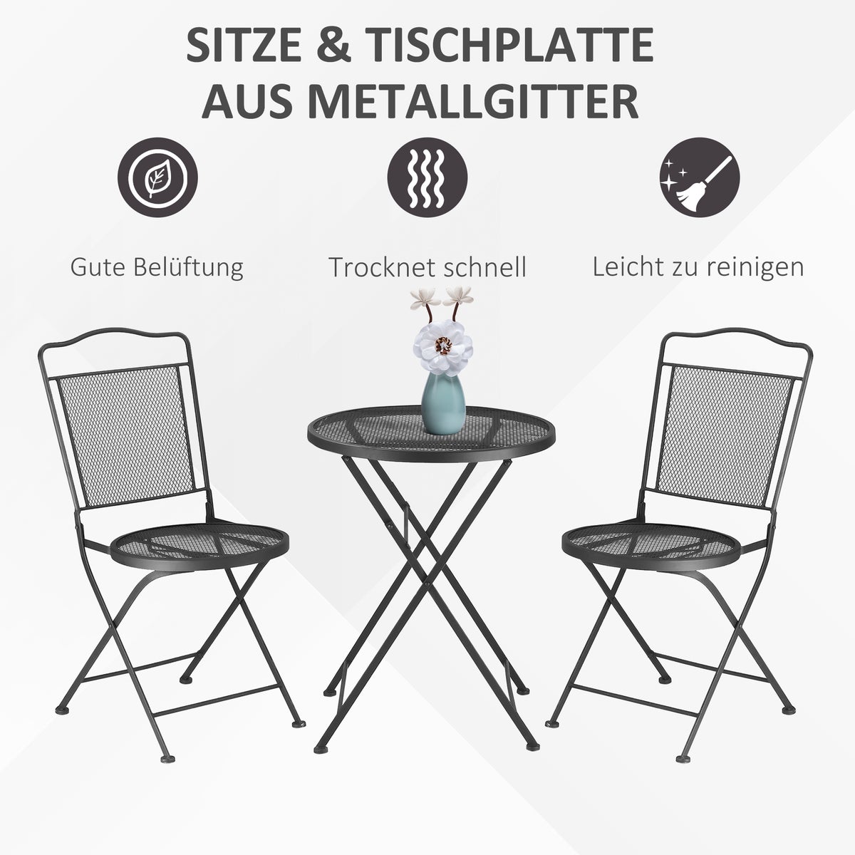 Outsunny 3-delige eetset, 1 tafel + 2 stoelen, met parasolgat, 55,5L x 55,5B x 69,5H cm, metaal, zwart