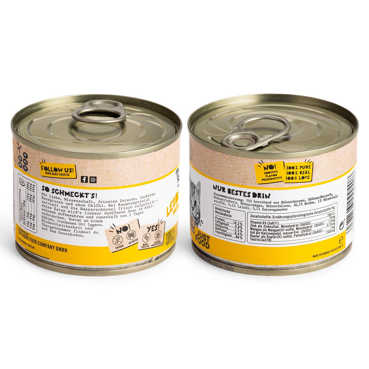 Dogs’n Tiger Adult Premium Katzenfutter, Leibspeise, Katzen Nassfutter, Getreidefrei, Huhn & Leinöl