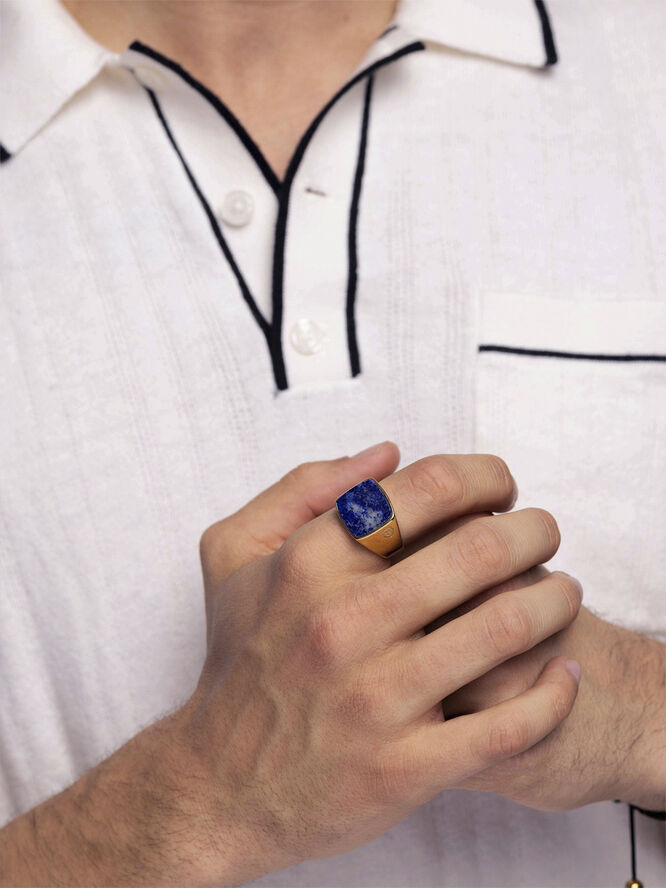 Nialaya Men's Gold Plated Signet Ring with Blue Lapis Gold and blue