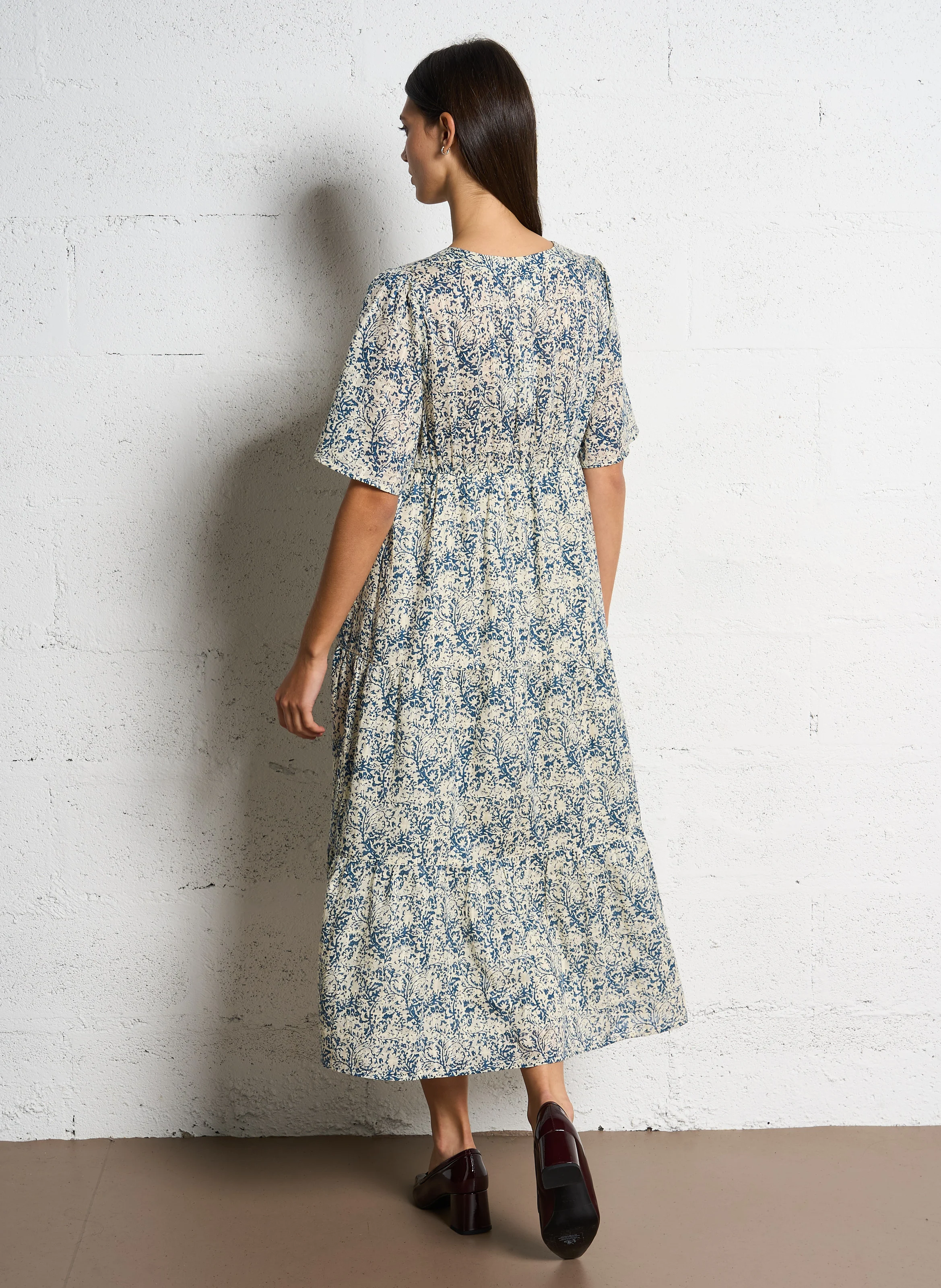 MAY - Robe longue col V en coton mélangé | Bleu