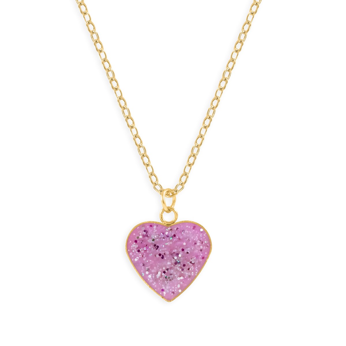 Collier coeur rose à pailettes en acier doré