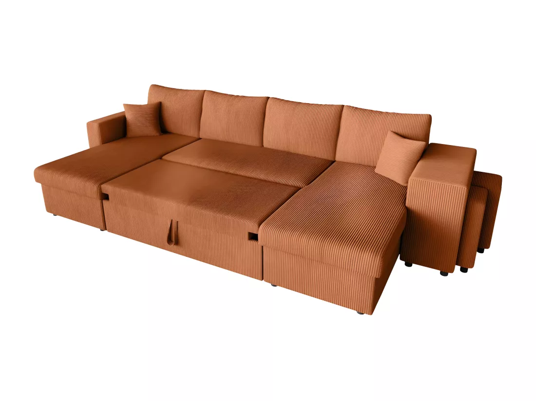 Canapé panoramique Oslo convertible avec 2 coffres, 2 poufs à droite en velours côtelé terracotta - L311 x P146 x H81cm - Loungitude