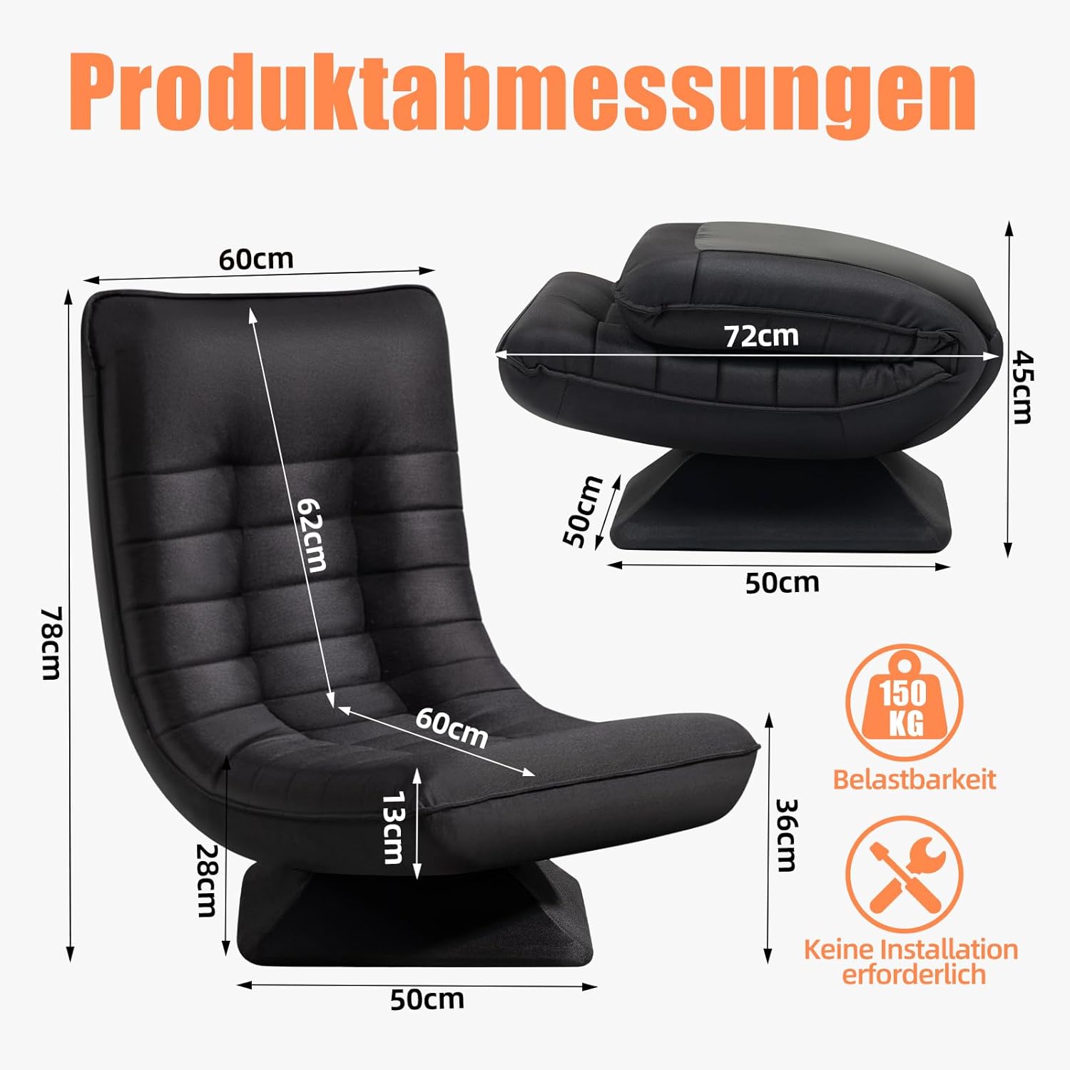 Sessel Wohnzimmer Verstellbare Rückenlehne, 360° Drehbar Leinen Bodenstuhl, Keine Montage Erforderlich Gaming Bodensofa Klappbar, 150kg Belastbarkeit Relaxsessel, Lesesessel, Schwarz