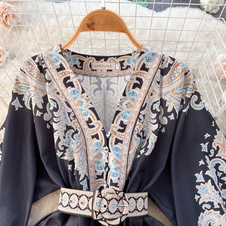 Lucuna - Mini A-lijn jurk met ballonmouwen, V-hals, patroonprint, knoopsluiting en riem