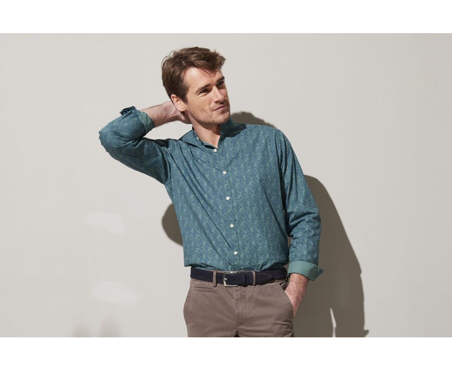 Chemise coton homme bleue à motif tropical vert - NAUBERT