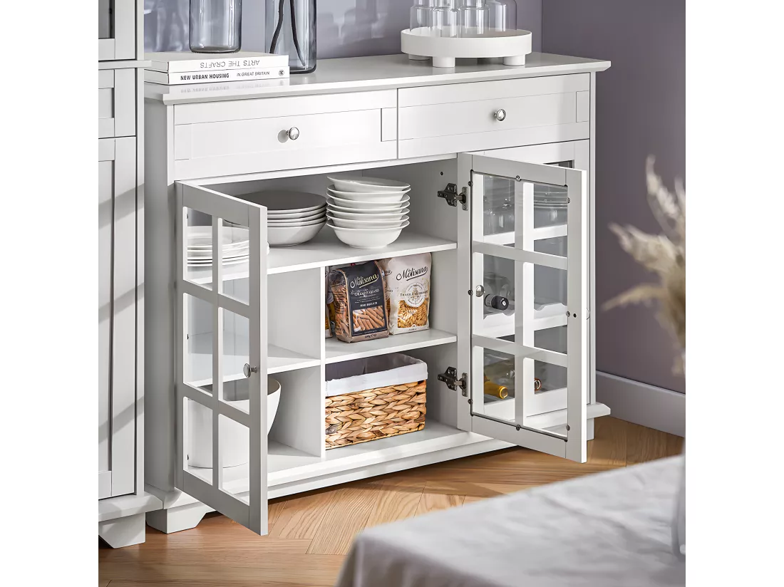 SoBuy Buffet Bas, Commode Armoire de Rangement, Placard de Cuisine, Meuble de Rangement pour Cuisine Salle à Manger Salon Entrée avec 3 Portes Vitrées, 2 Tiroirs, 119 x 40 x 90 cm, Blanc, FSB77-W