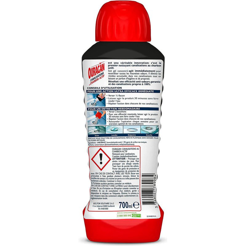 Entretien canalisations Ouragan au charbon actif – Flacon de 700 ml