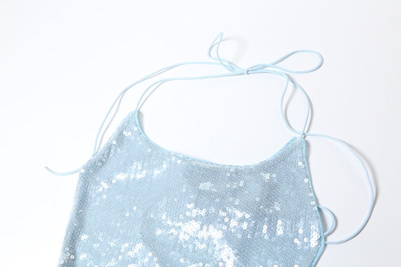 Weaveal - Halter Sequin Panel Mesh Maxi Sheath Dress