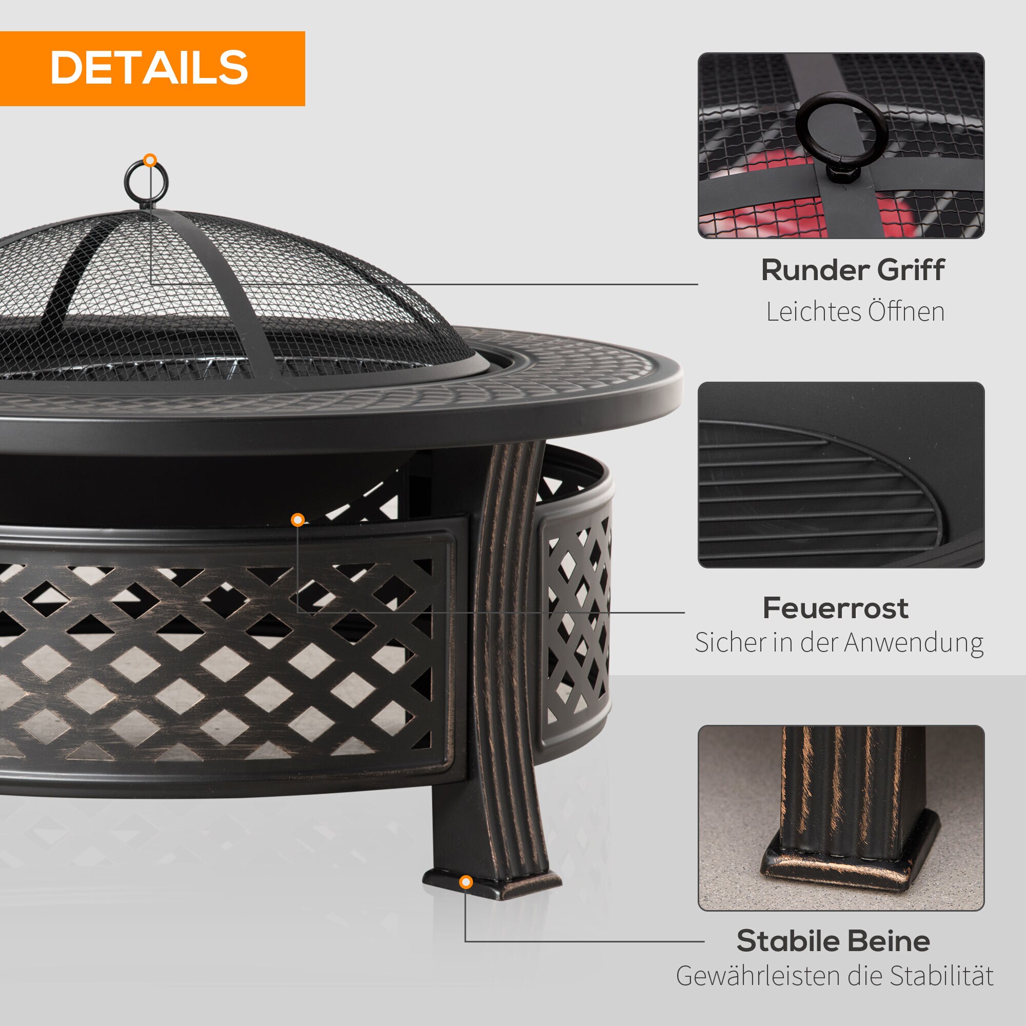 Outsunny Feuerschale mit 2 in 1 Funktion auch als Grill verwendbar schwarz 81L x 81B x 50H cm