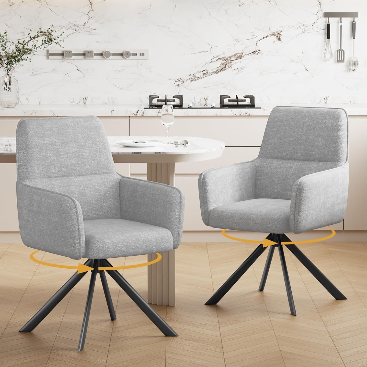 Esszimmerstühle Drehbar mit Armlehne 2er Set, 360°Drehbar Polsterstuhl Küchenstuhl aus Chenille, Stühle Esszimmer Schminkstuhl mit Metallbeine für Esszimmer Küche Schlafzimmer, Hellgrau
