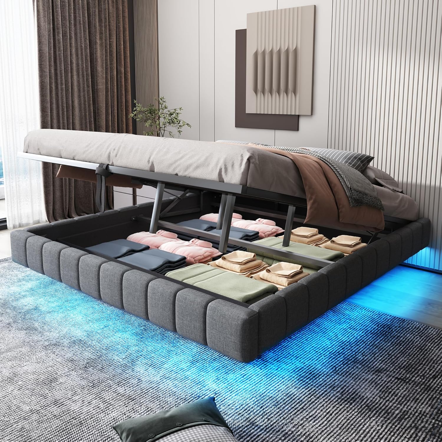 Bett 180x200 mit Stauraum, Multifunktionales Polsterbett mit Bettkasten und Schwebebettrahmen, einfacher Boxbett Jugendbett ohne Kopfteil, Leinen, Grau