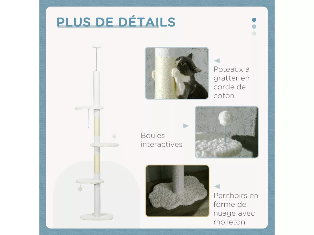 Arbre à chat réglable en hauteur 225-255 cm - tour pour chat 3 griffoirs nuages, 2 balles - blanc