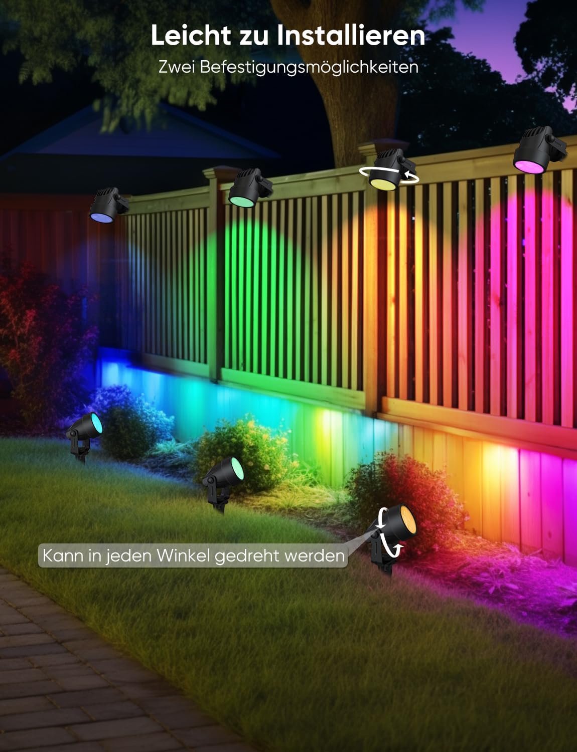 APPECK Gartenstrahler, WiFi Smart Gartenbeleuchtung mit Strom, RGBW Farbe ändernde intelligente Außen Wasserdicht Gartenlampe, mit APP/Sprachsteuerung, für Patio, Garten, Einfahrt, Gehweg, 8 Stück