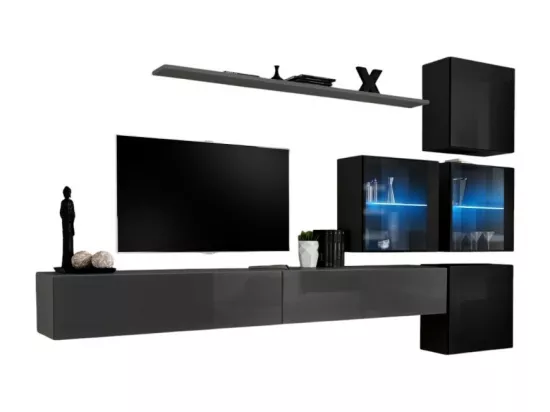 Ensemble meubles de salon SWITCH XIX design, coloris gris et noir brillant.