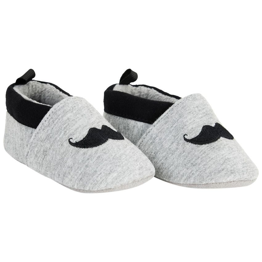 Chaussons souples broderie moustache pour bébé garçon - Gris chiné
