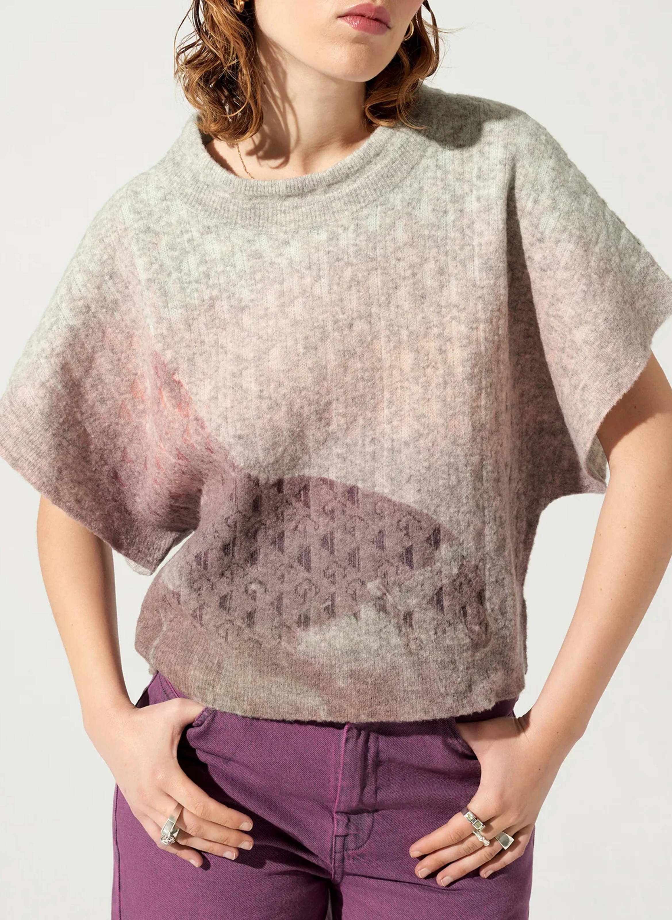Pull col rond ample en laine mélangée imprimé | Gris