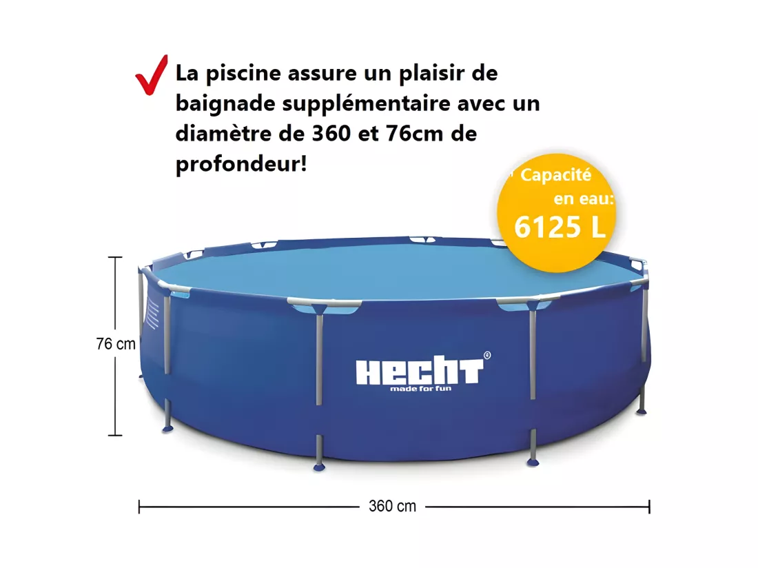 Hecht 3690 BLUESEA Grande Piscine tubulaire hors sol ronde 360x76cm (diamètre X profondeur) de haute qualité