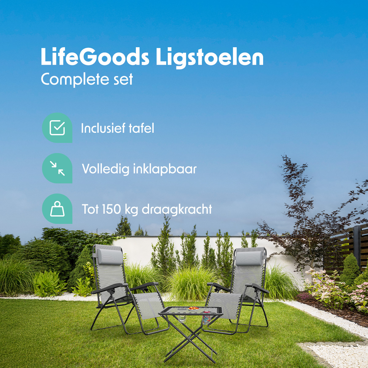 LifeGoods set van 2 relaxstoelen met tafel - Grey