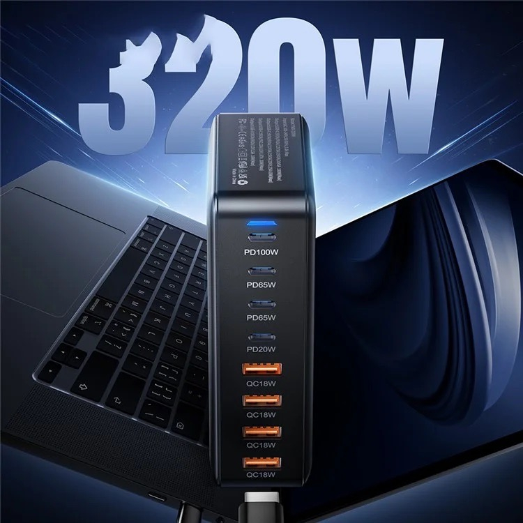 (320W) 4x USB C / 4x USB A Ladegerät Ladestation Power Delivery 3.0 / Quick Charge 4.0 mit Halterung   Netzladekabel - Schwarz