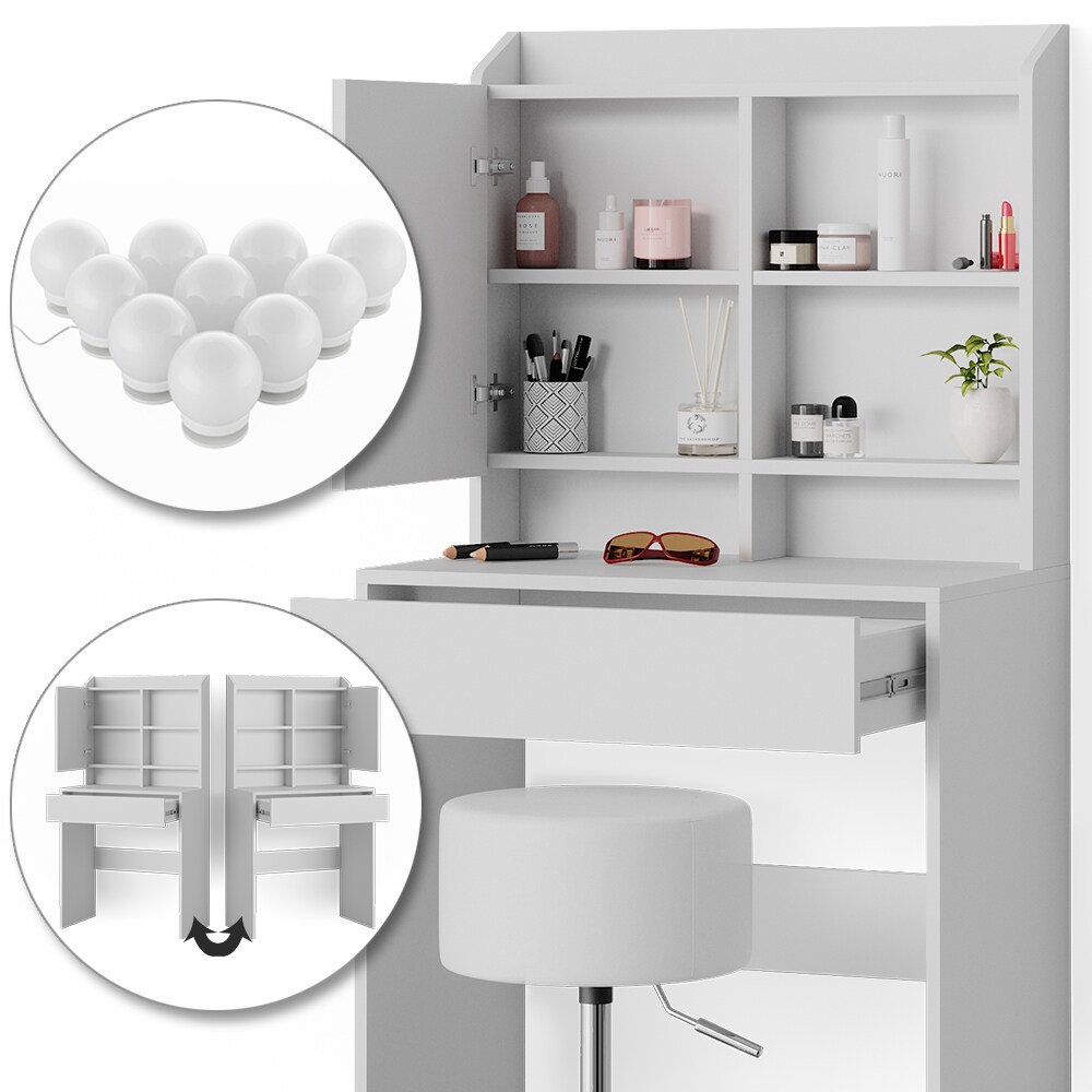 Vicco Schminktisch Frisiertisch Frisierkommode Laura Weiß LED Hocker 70x136 cm Spiegelschrank modern Schlafzimmer Kommode Schminkspiegel Schrank Schublade Kosmetiktisch Make-Up-Tisch