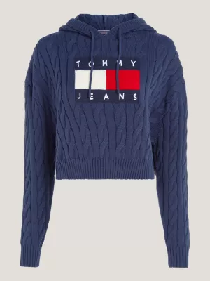 Moletom cropped com capuz e emblema de bandeira em tricô