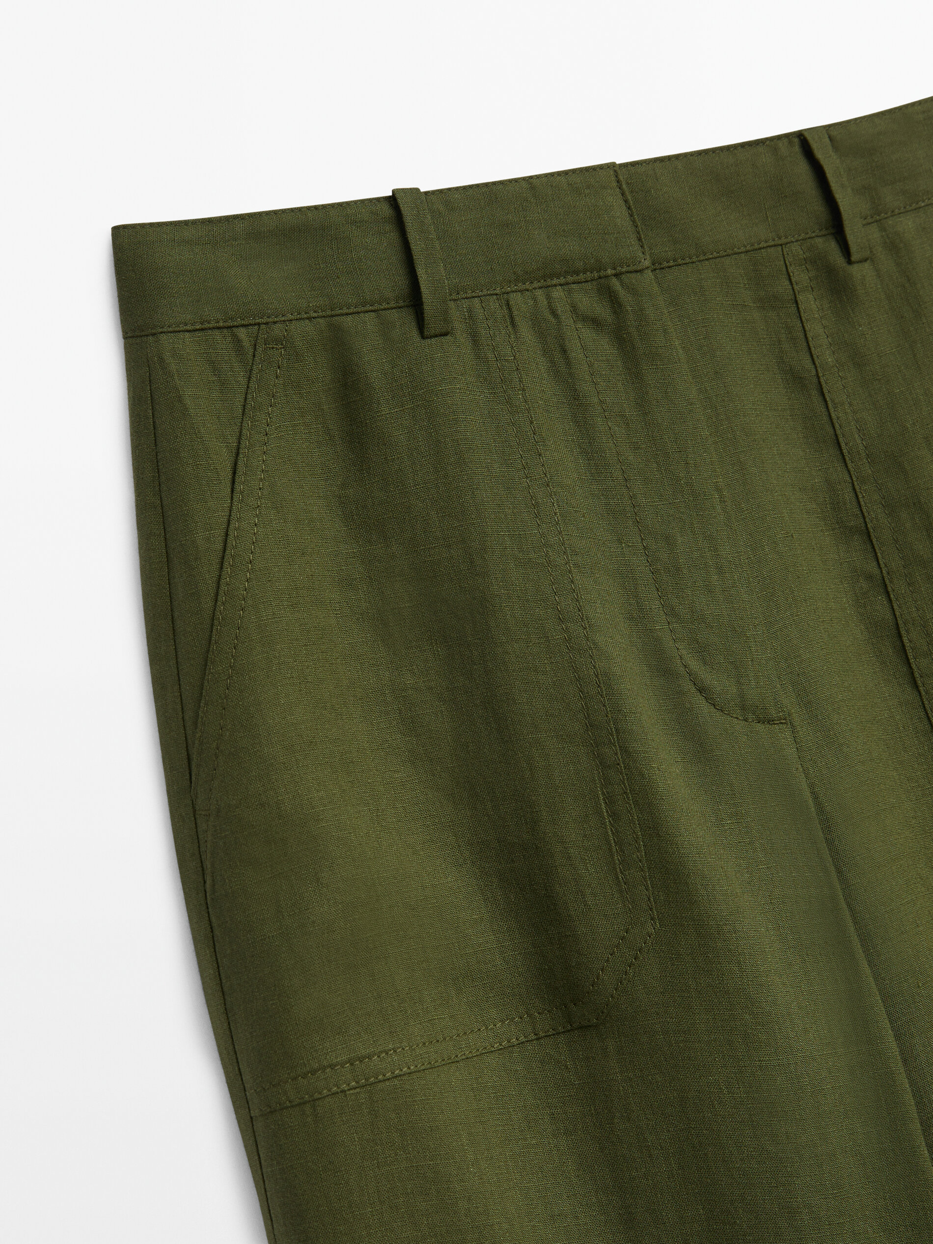 Calça cropped 100% linho com bolsos - VERDE