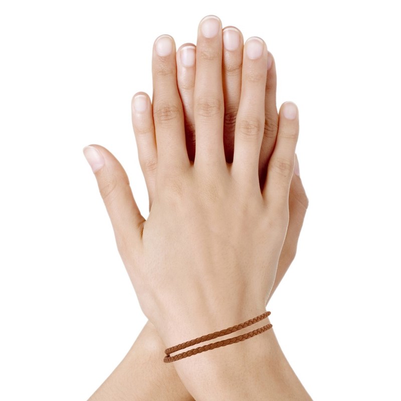 Bracelet Femme Double Tour Cuir Tréssé Rond pour Poignet de 18cm - Marron clair