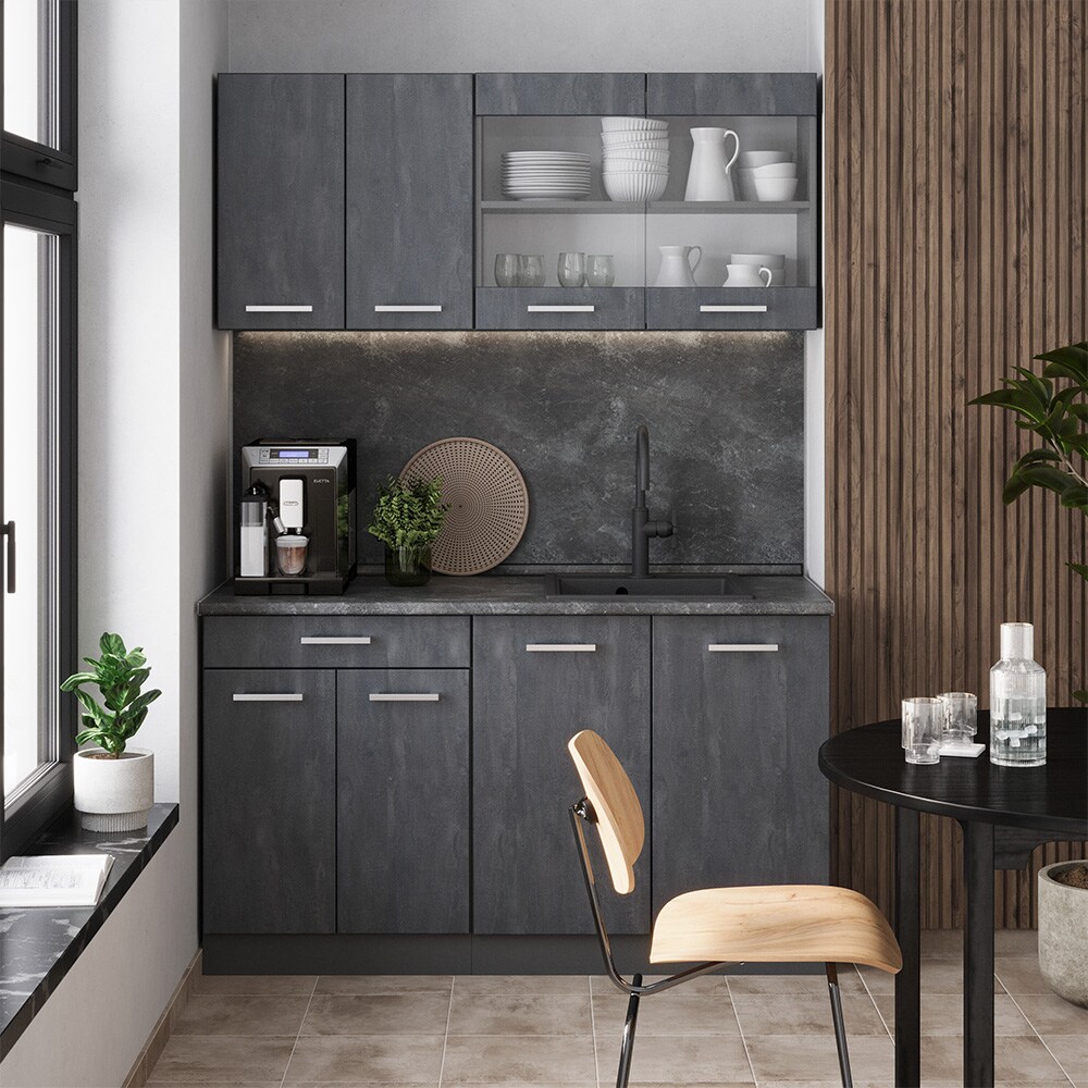 Vicco Singleküche R-Line 140 cm Schwarz Beton Anthrazit mit Arbeitsplatte Weiß-Marmor