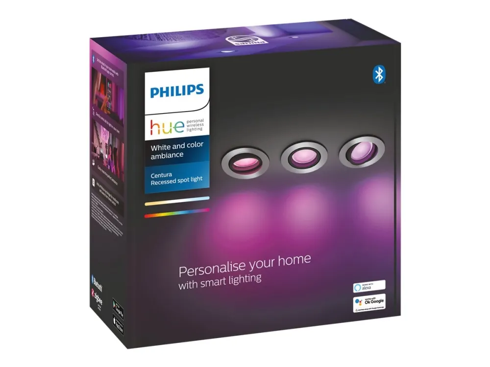 Philips Hue White and Color Ambiance Centura - Indlejret spotlys - LED-spot lyspære - GU10 - 5.7 W - klasse G - 16 millioner farver/varmt hvidt til koldt hvidt lys - 2000-6500 K - aluminium (pakke med 3)