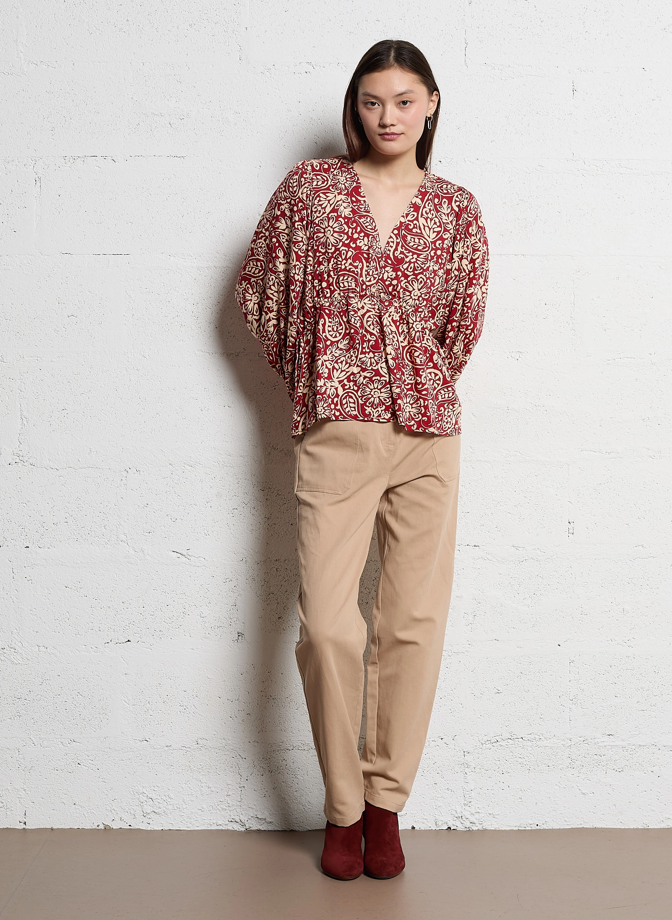 RYLESA - Pantalon droit en coton mélangé| Marron